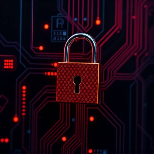 A padlock icon overlaid on a network of interconnected devices, representing cybersecurity